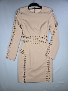 caprice long sleeve knit dress House OF CB Womens Cream Caprice Square-neck Woven Mini Dress L
